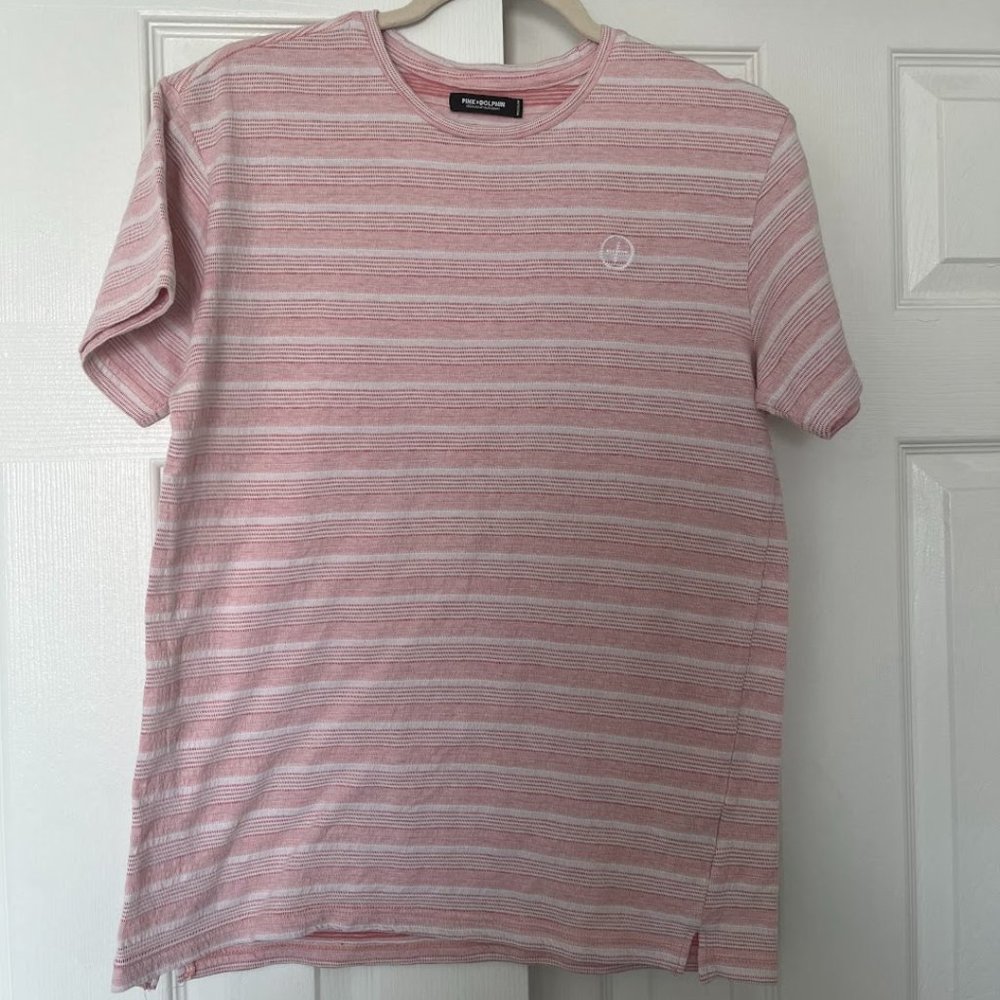 Pink+Dolphin Pink and White Striped Short Sleeve T Shirt